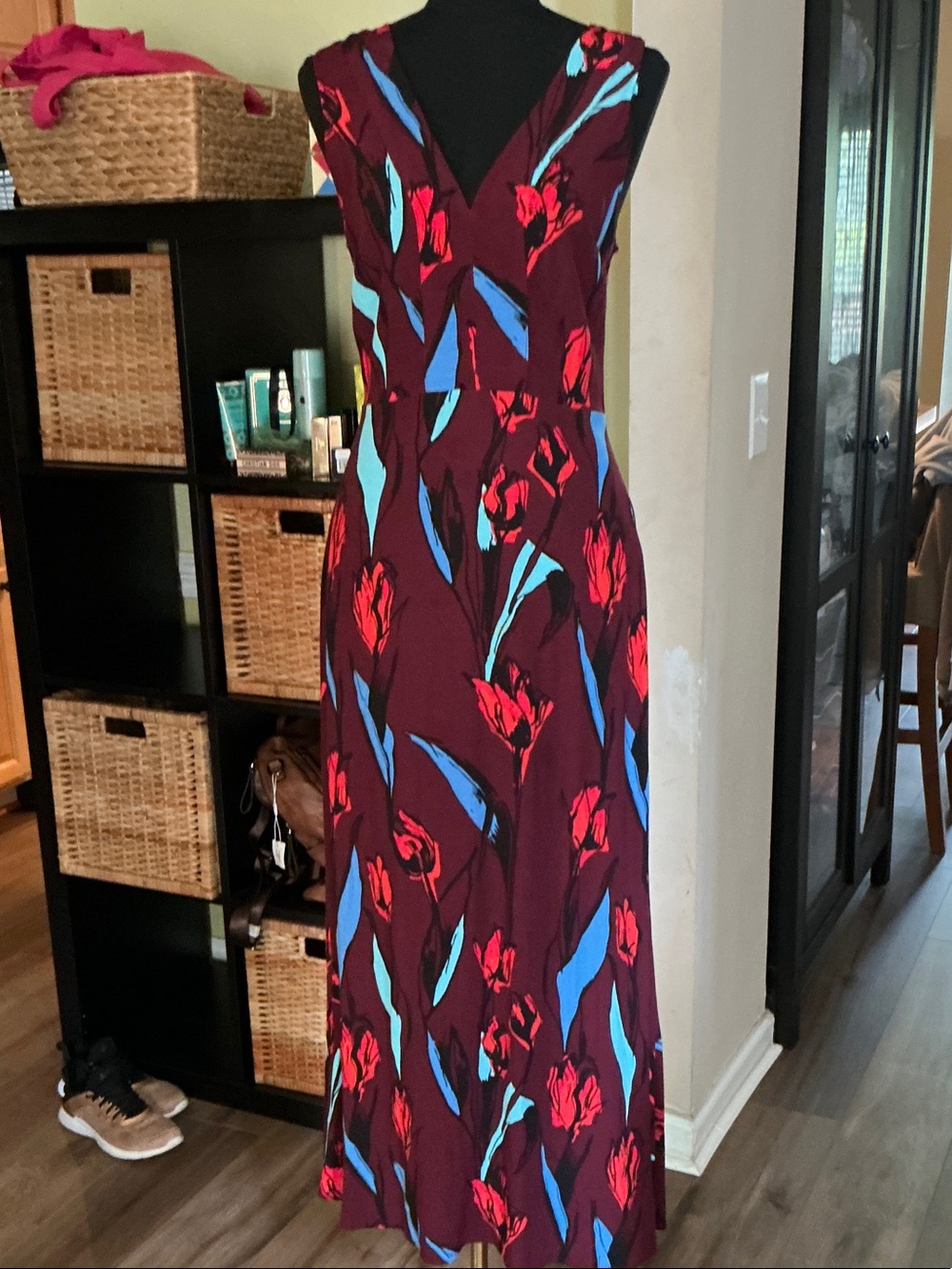 V-Neck Sleeveless Floral Maxi Dress in Burgundy with Blue & Red Accents